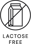 Black outline of a milk carton with a diagonal line through it inside a circle, indicating lactose free. Text below reads "Lactose Free.
