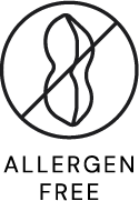 A line drawing of a peanut with a diagonal line through it above the words "Allergen Free," indicating the product does not contain common allergens.