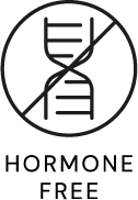 A black line drawing of a DNA double helix crossed out by a diagonal line inside a circle, with the text "HORMONE FREE" below it.