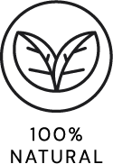 Black outline of two leaves inside a circle above the words "100% Natural" on a light background.