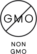 A circle with a diagonal line crossing out "GMO," with the words "NON GMO" below, indicating a non-genetically modified product.