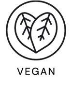 Black outline of two overlapping leaves inside a circle above the word "VEGAN" in capital letters, indicating a vegan product or option.