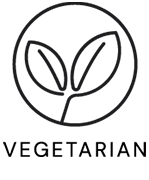 Black outline of two leaves inside a circle, with the word "Vegetarian" written below, indicating vegetarian-friendly content or product.