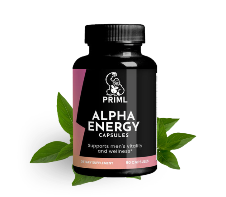 A bottle of PRIML Alpha Energy capsules with a black label, pink and peach accents, and green leaves in the background. The label states it supports men's vitality and wellness.